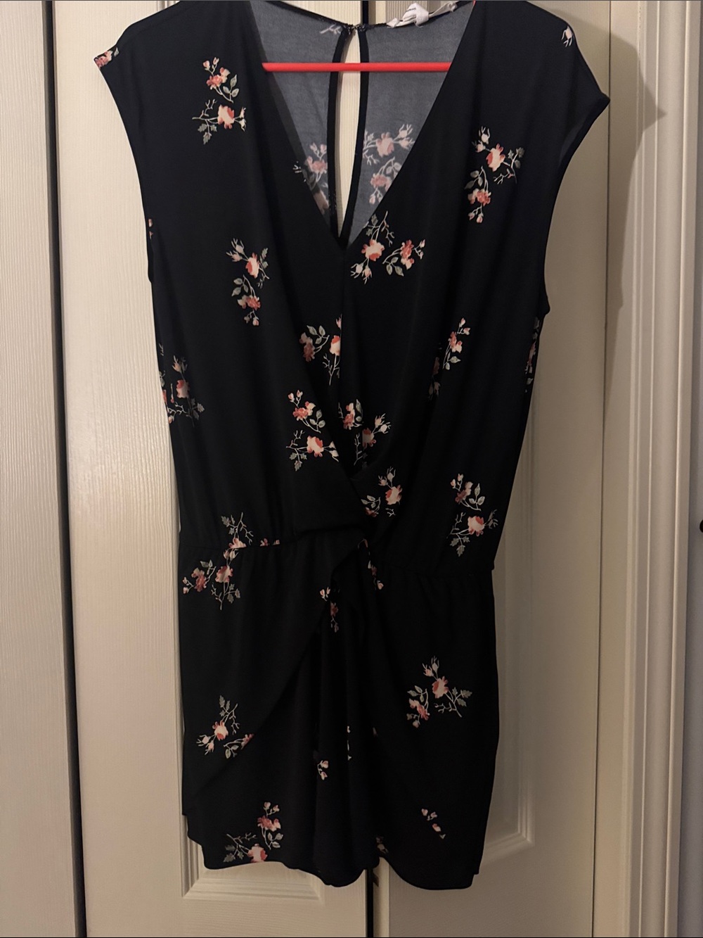 BCBGeneration Black Floral V-Neck Romper with Pink Accents